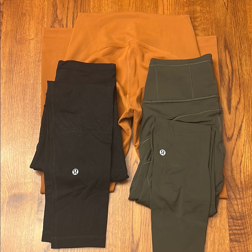 Lululemon High-Waist Leggings Trio in Rust, Olive, and Black